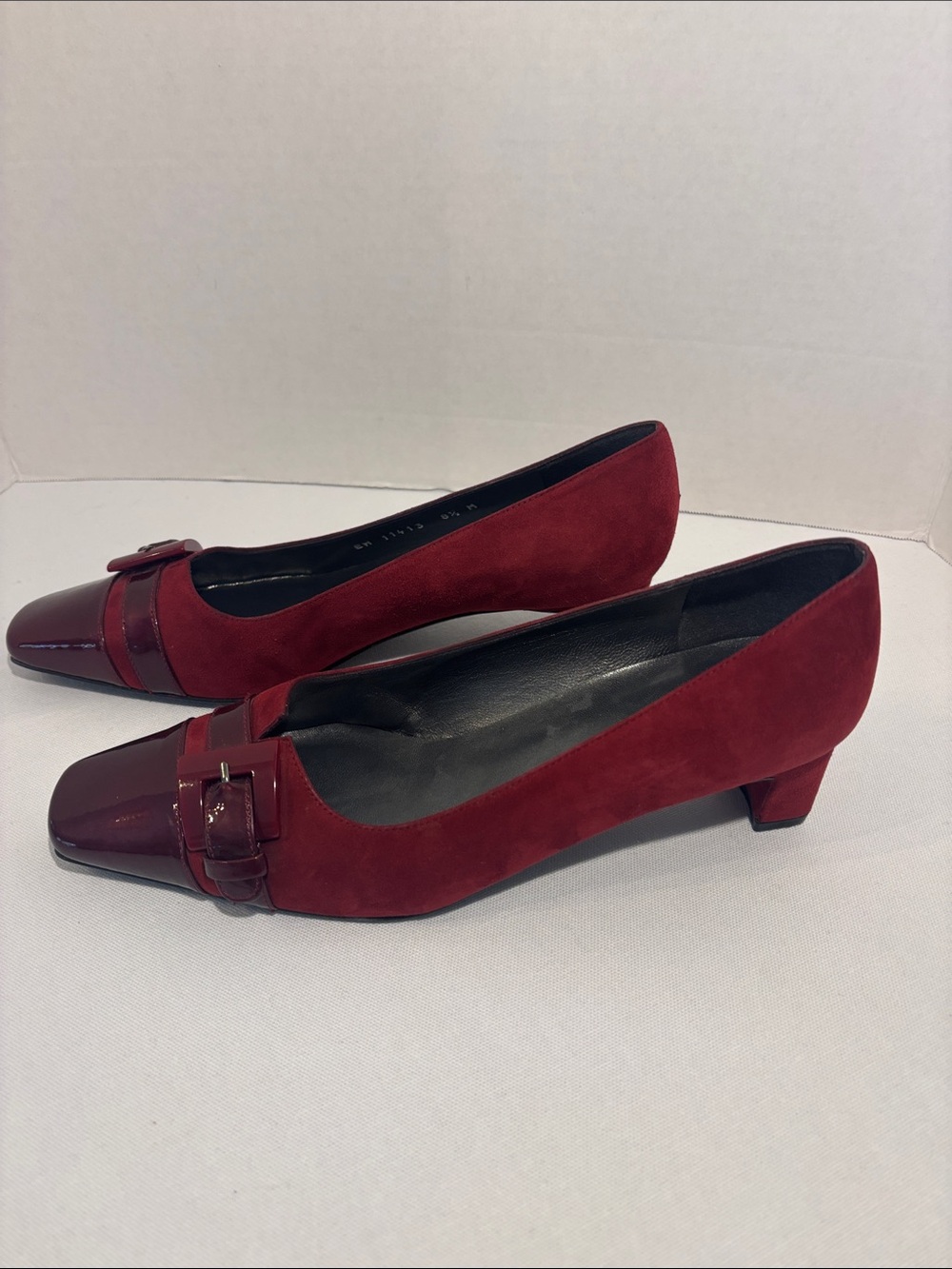 Stuart Weitzman Burgundy Suede & Patent Leather Front and Buckle Heel Pumps. 8.5 - Picture 3 of 10